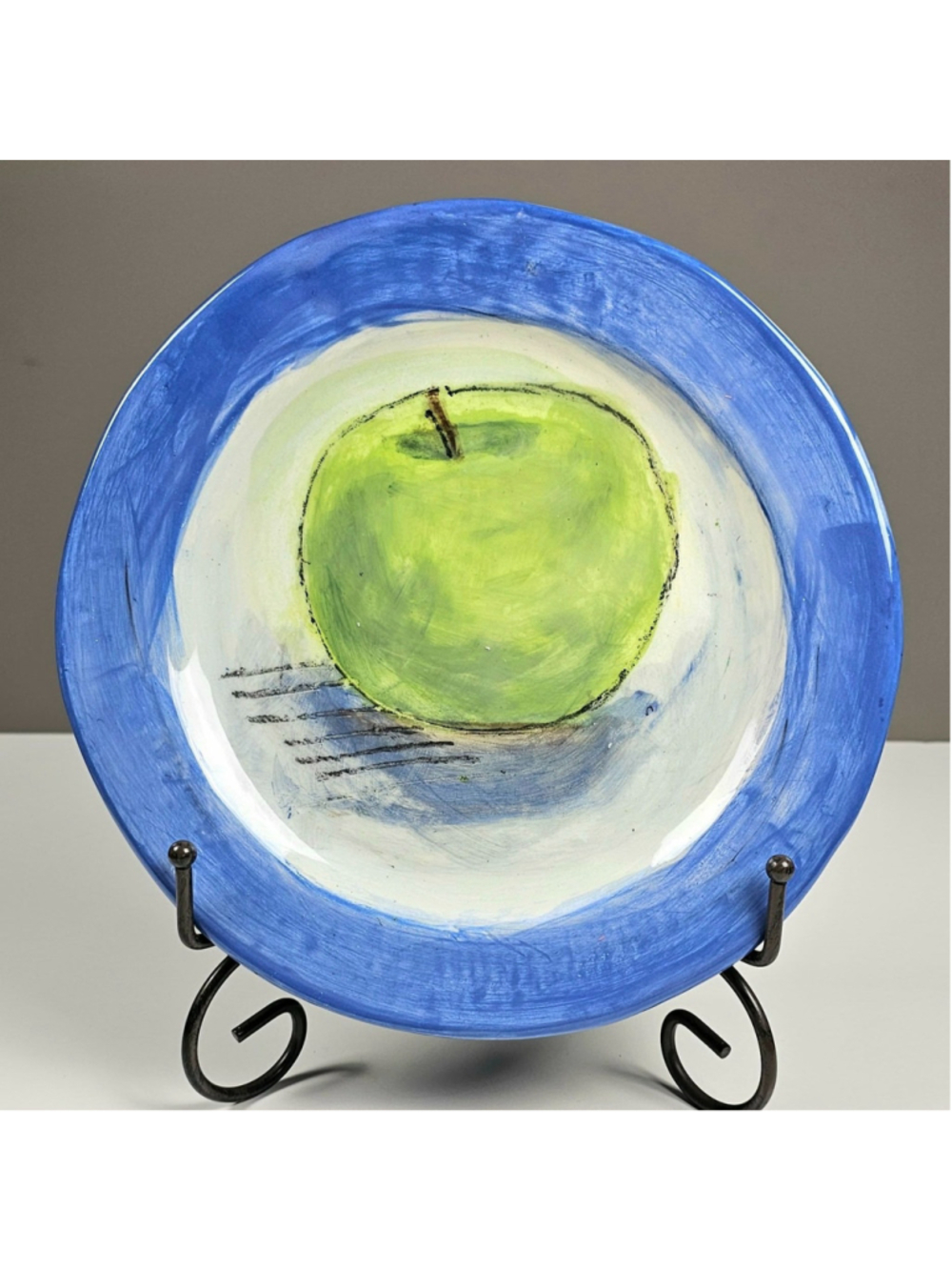 Winstin Signed Hand Painted Ceramic Art Plate Green Apple Expressionist Studio